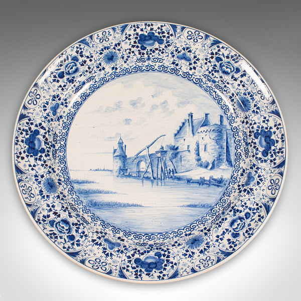 Large Antique Charger, Belgian, Ceramic, Serving Plate, Blue & White, Circa 1920