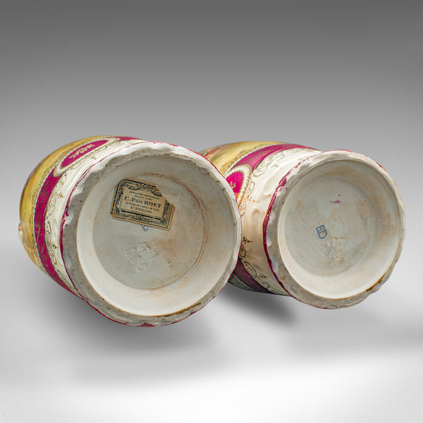 Pair Of Tall Antique Stem Vases, Austrian, Ceramic, Flower Sleeve, Victorian