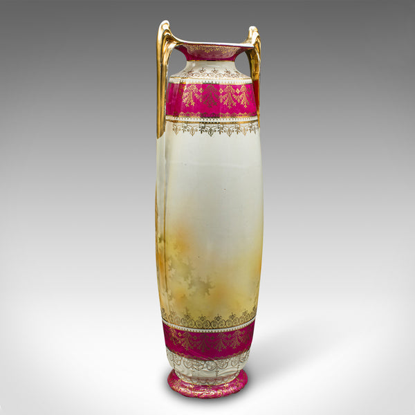 Pair Of Tall Antique Stem Vases, Austrian, Ceramic, Flower Sleeve, Victorian