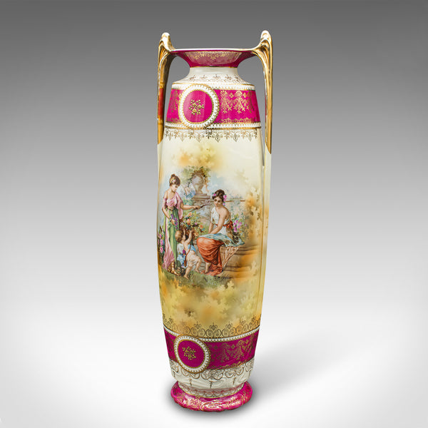 Pair Of Tall Antique Stem Vases, Austrian, Ceramic, Flower Sleeve, Victorian