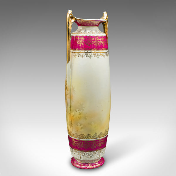 Pair Of Tall Antique Stem Vases, Austrian, Ceramic, Flower Sleeve, Victorian