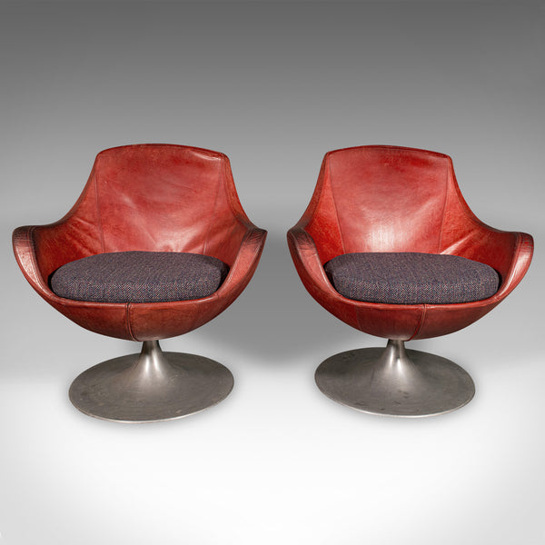 Pair Of Vintage Swivel Tub Chairs, Italian, Leather, Lounge Seat, Circa 1970