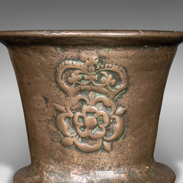 Antique Tudor Rose Mortar And Pestle, English, Bronze, Apothecary, 17th Century