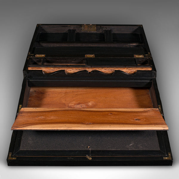 Antique Correspondence Box, Ceylon, Ebony, Campaign, Writing Slope, Victorian