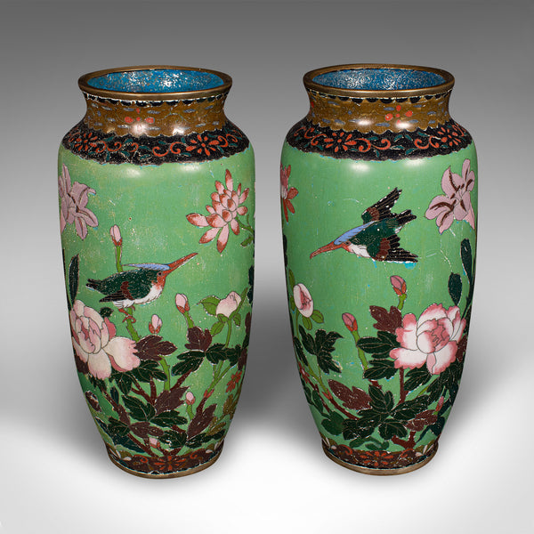 Pair Of Antique Baluster Vases, Japanese, Cloisonne Flower Urn, Meiji, Victorian