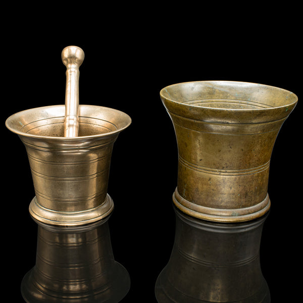 Duo Of Antique Mortars, Pestle, English, Bronze, Apothecary Aid, Early Georgian