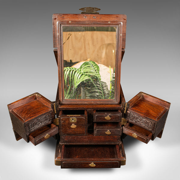 Antique Ladies Travelling Vanity Box, Chinese, Elm, Brass, Dressing Table Case