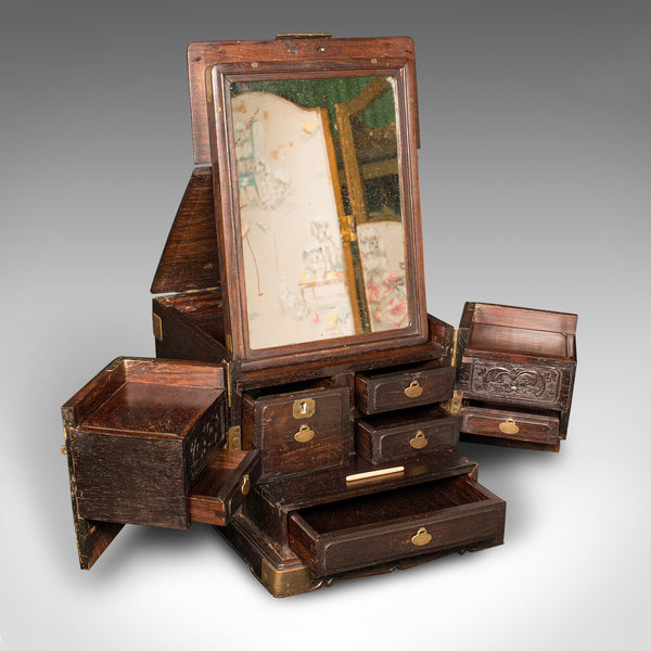 Antique Ladies Travelling Vanity Box, Chinese, Elm, Brass, Dressing Table Case