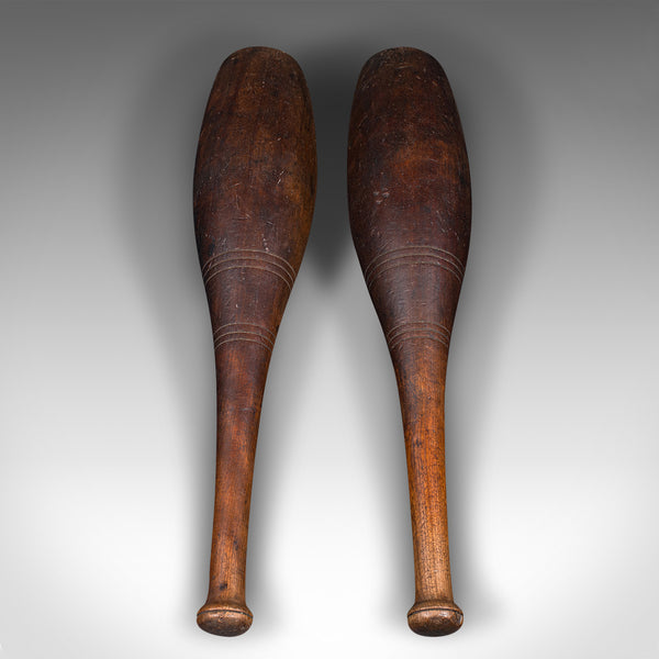 Pair Of Antique Exercise Clubs, English, Weighted Beech, Fitness Aid, Circa 1920
