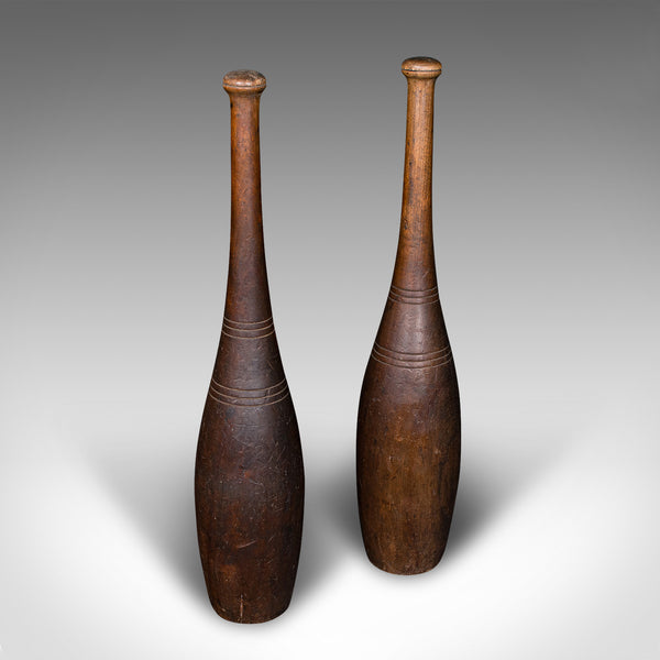 Pair Of Antique Exercise Clubs, English, Weighted Beech, Fitness Aid, Circa 1920