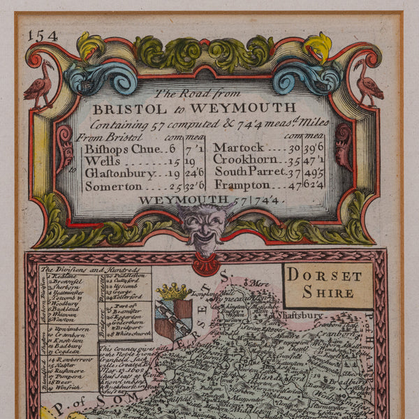 Antique Road Map, Bristol to Weymouth, English, Framed Cartography, Georgian