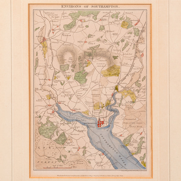 Antique Lithography Map, Environs of Southampton, English, Framed, Victorian