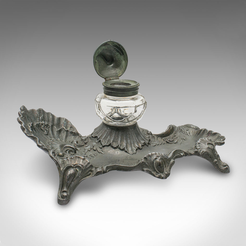 Antique Art Nouveau Ink Well, French, Pewter, Decorative Pen Tray, Victorian