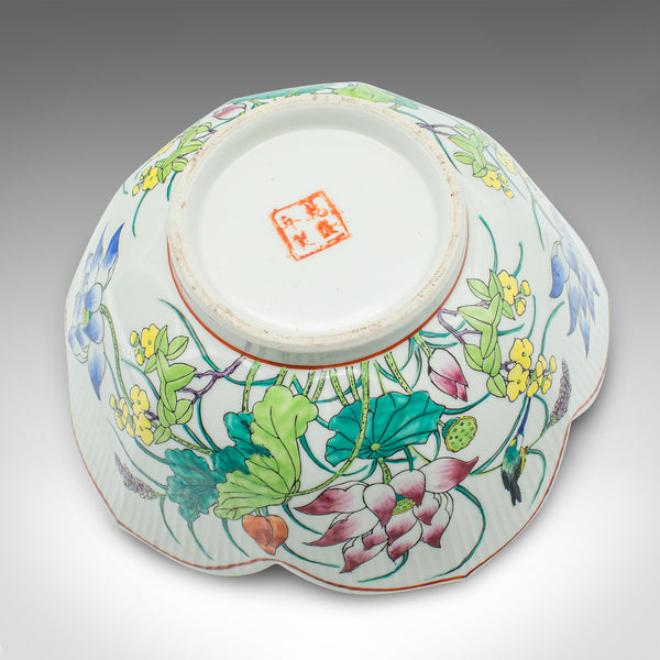 Vintage Leaf Form Fruit Bowl, Chinese, Ceramic, Dish, Lotus Flower, Art Deco