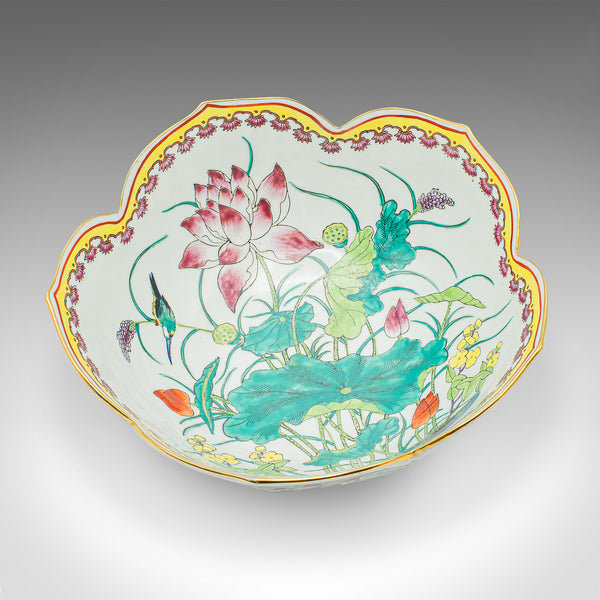 Vintage Leaf Form Fruit Bowl, Chinese, Ceramic, Dish, Lotus Flower, Art Deco