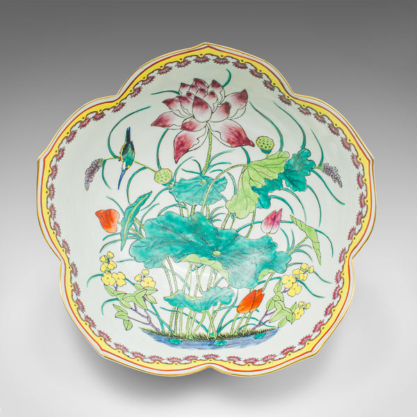 Vintage Leaf Form Fruit Bowl, Chinese, Ceramic, Dish, Lotus Flower, Art Deco