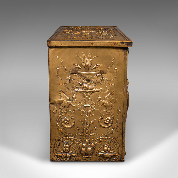Antique Decorative Fireside Store, Belgian, Brass, Log, Coal Bin, Late Victorian