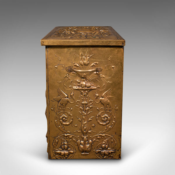 Antique Decorative Fireside Store, Belgian, Brass, Log, Coal Bin, Late Victorian