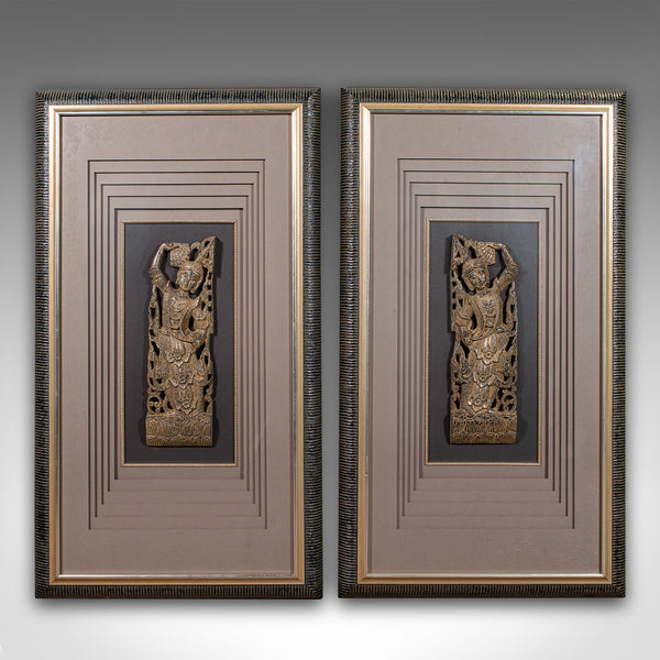 Pair Of Large Vintage Wall Carvings, Thai, Framed Relief Figures, Display Panels