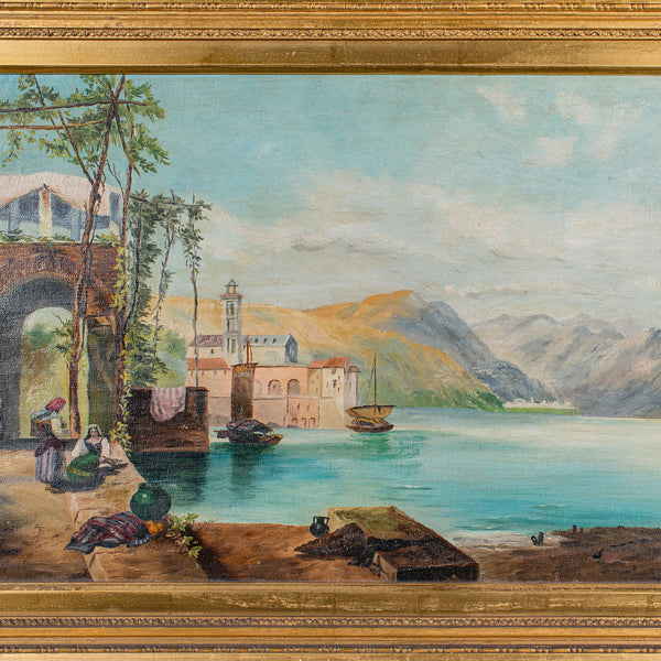 Antique Lakeside Landscape Painting, Continental School, Oil, Picture, Victorian