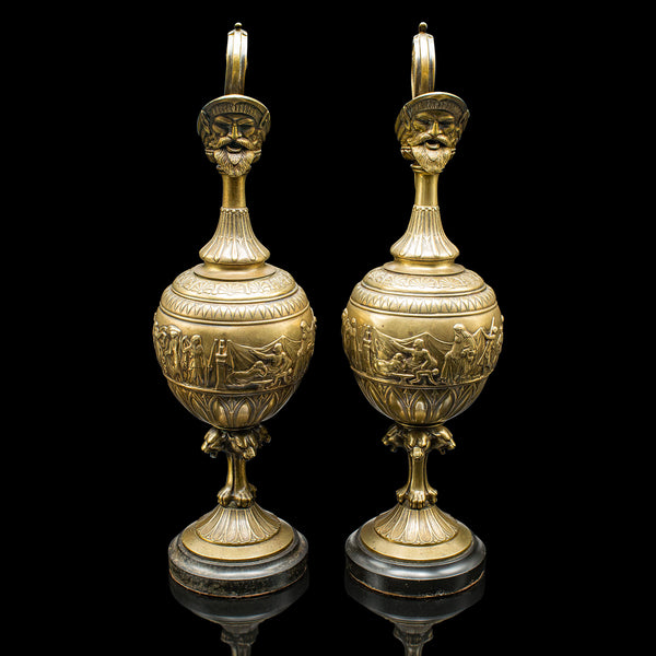 Pair Of Antique Ornamental Ewers, Italian, Bronze, Grand Tour, Victorian, C.1850