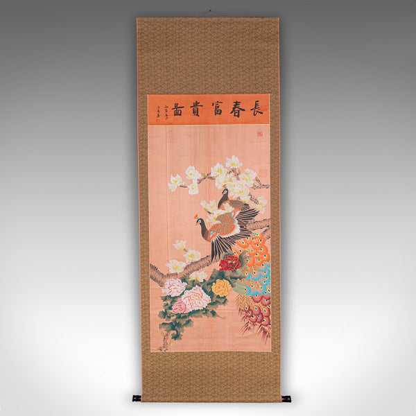 6' Tall Vintage Scroll Watercolour Painting, Chinese Art, Silk Cotton Wall Panel