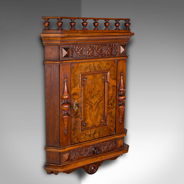 Small Antique Corner Wall Cupboard, Italian, Walnut, Cabinet, Victorian, C.1900