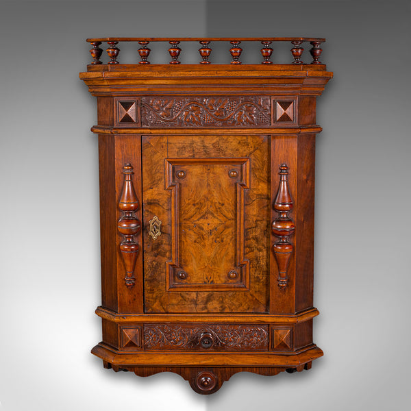 Small Antique Corner Wall Cupboard, Italian, Walnut, Cabinet, Victorian, C.1900