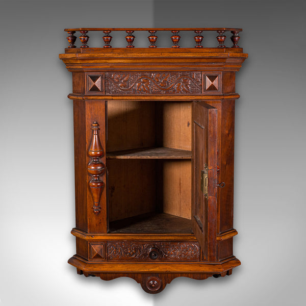 Small Antique Corner Wall Cupboard, Italian, Walnut, Cabinet, Victorian, C.1900