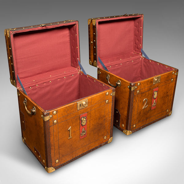Pair Of Vintage Luggage Trunks, English, Leather, Bedside Nightstand, Campaign