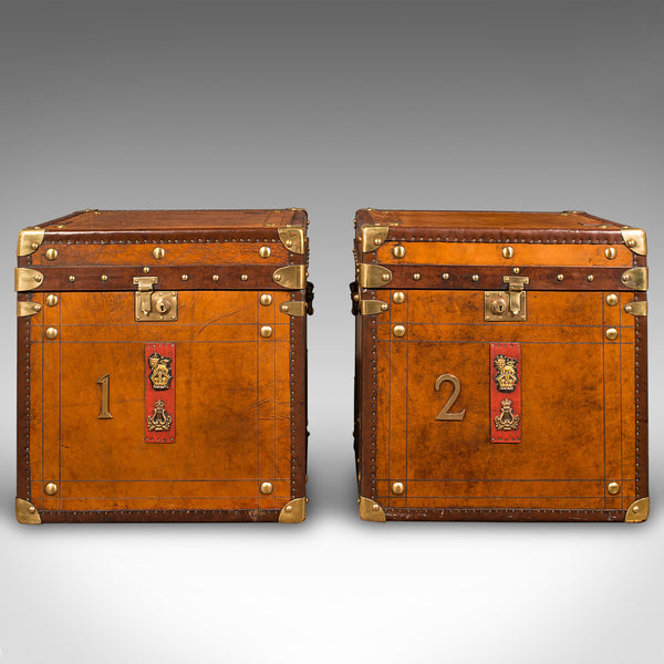 Pair Of Vintage Luggage Trunks, English, Leather, Bedside Nightstand, Campaign