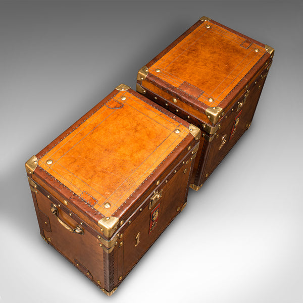 Pair Of Vintage Luggage Trunks, English, Leather, Bedside Nightstand, Campaign
