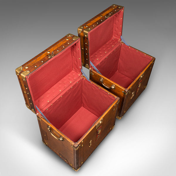 Pair Of Vintage Luggage Trunks, English, Leather, Bedside Nightstand, Campaign