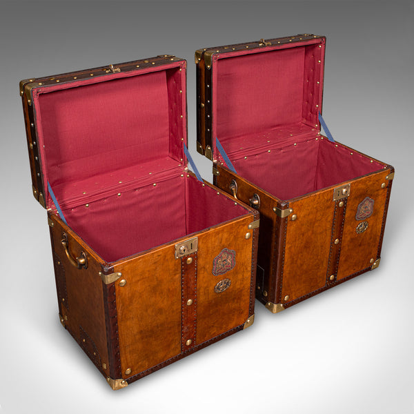 Pair Of Vintage Officer's Campaign Luggage Boxes, English, Leather, Nightstand