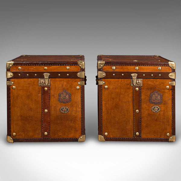 Pair Of Vintage Officer's Campaign Luggage Boxes, English, Leather, Nightstand