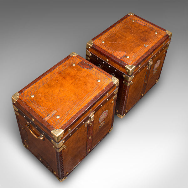 Pair Of Vintage Officer's Campaign Luggage Boxes, English, Leather, Nightstand