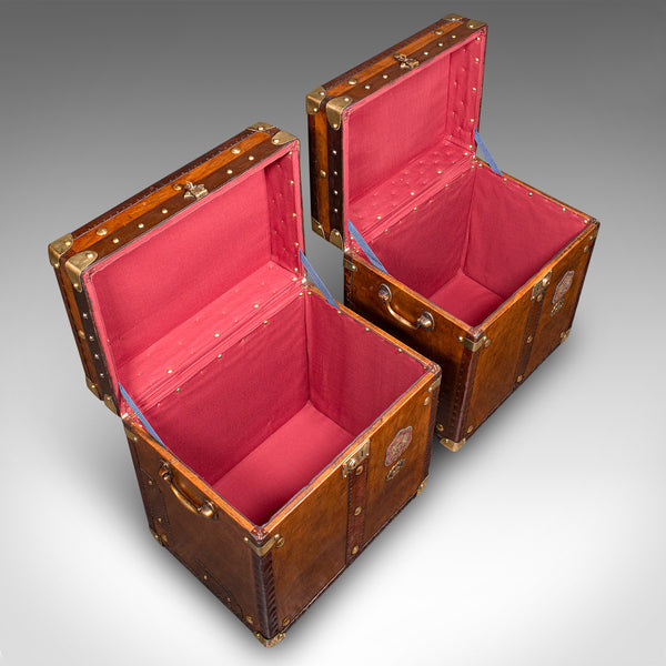Pair Of Vintage Officer's Campaign Luggage Boxes, English, Leather, Nightstand