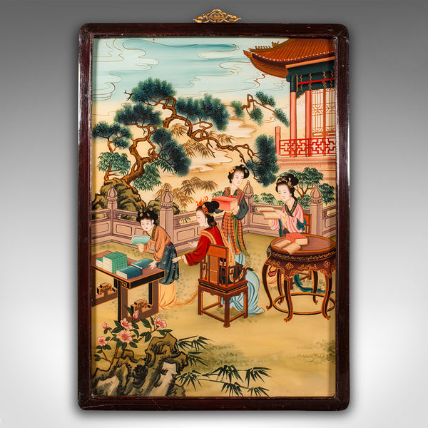 Antique Oriental Art Scene, Chinese, Reverse Painting, Glass Panel, Victorian