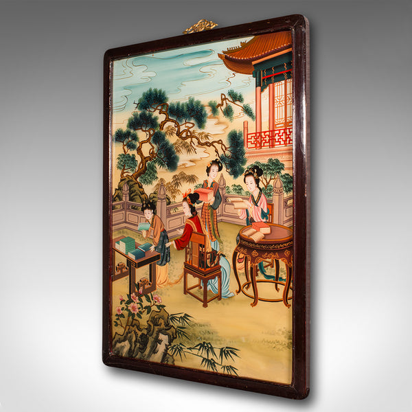 Antique Oriental Art Scene, Chinese, Reverse Painting, Glass Panel, Victorian