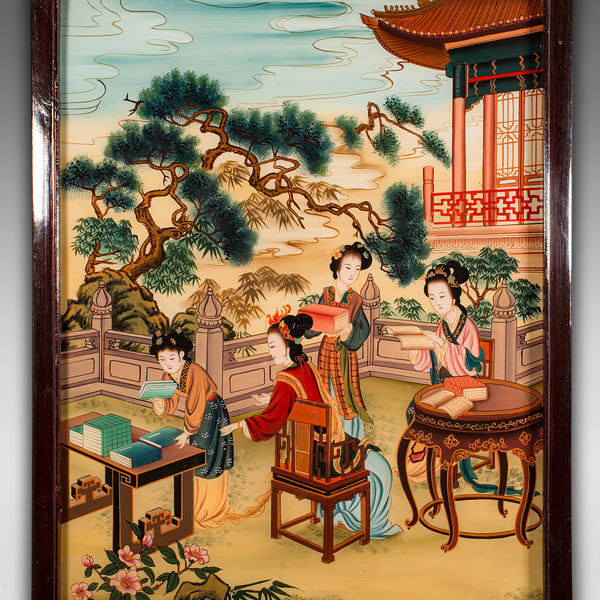 Antique Oriental Art Scene, Chinese, Reverse Painting, Glass Panel, Victorian