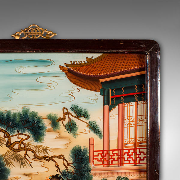 Antique Oriental Art Scene, Chinese, Reverse Painting, Glass Panel, Victorian