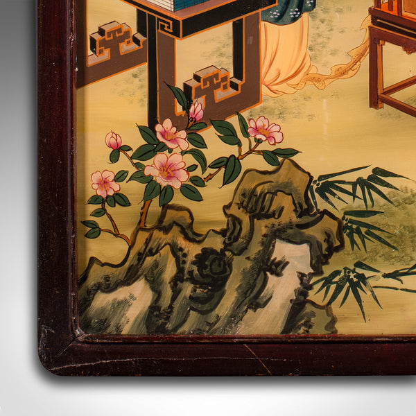 Antique Oriental Art Scene, Chinese, Reverse Painting, Glass Panel, Victorian