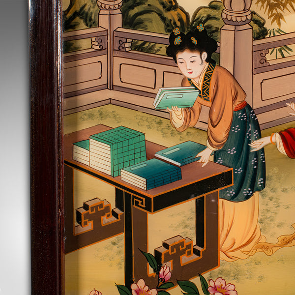 Antique Oriental Art Scene, Chinese, Reverse Painting, Glass Panel, Victorian