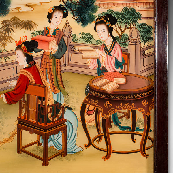 Antique Oriental Art Scene, Chinese, Reverse Painting, Glass Panel, Victorian