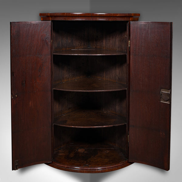 Antique Bow Front Corner Cabinet, English, Flame, Wall Cupboard, Georgian, 1780