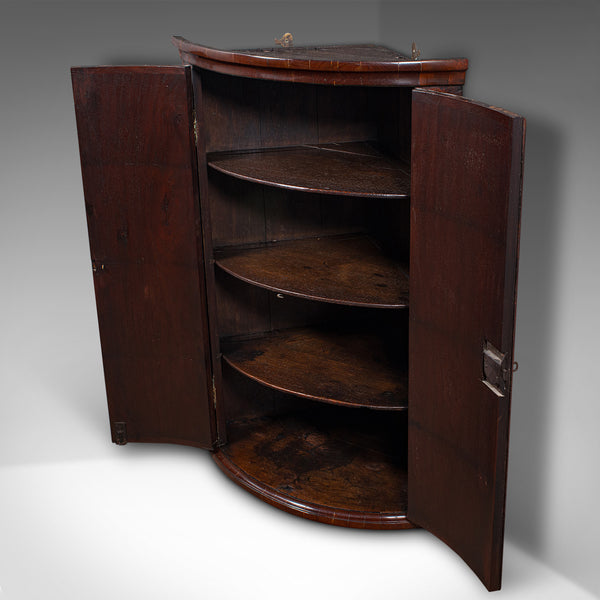 Antique Bow Front Corner Cabinet, English, Flame, Wall Cupboard, Georgian, 1780