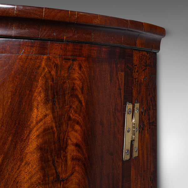 Antique Bow Front Corner Cabinet, English, Flame, Wall Cupboard, Georgian, 1780