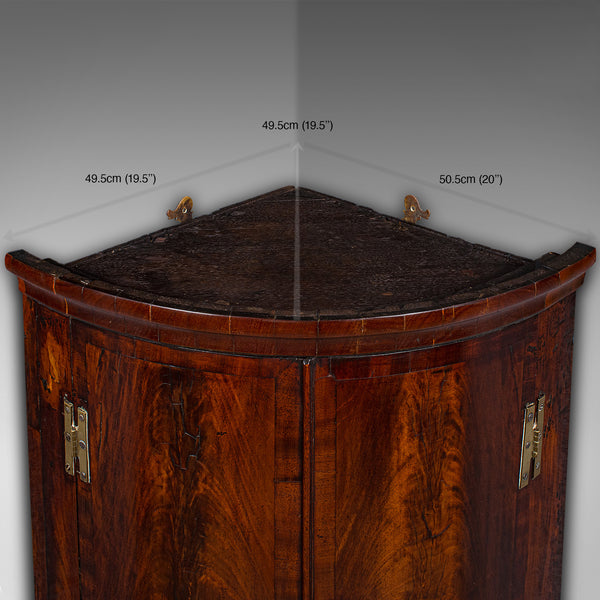 Antique Bow Front Corner Cabinet, English, Flame, Wall Cupboard, Georgian, 1780