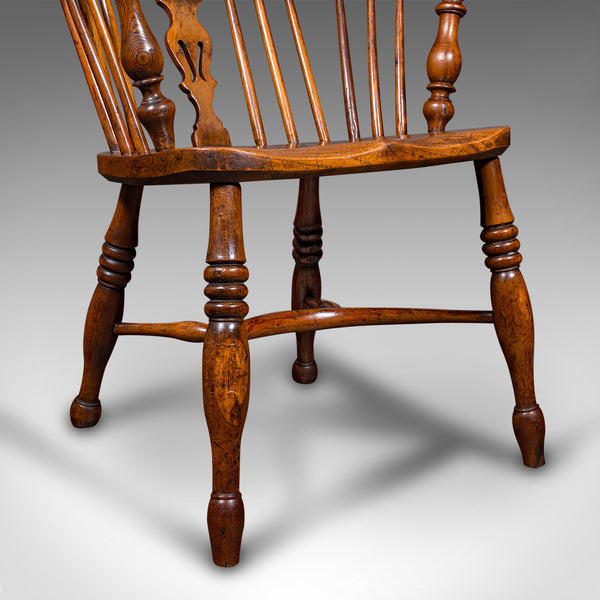 Antique Low Back Windsor Chair, English, Elm, Yew, Elbow, Armchair, Victorian
