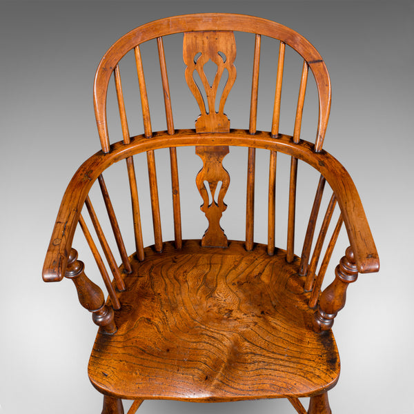 Antique Low Back Windsor Chair, English, Elm, Yew, Elbow, Armchair, Victorian